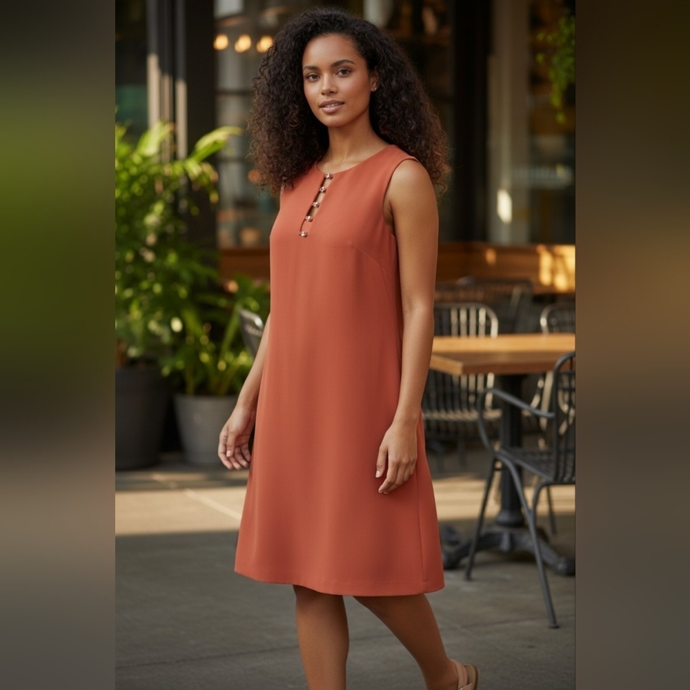 Calvin Klein Sleeveless Rust Mini Dress with Decorative Front Buttons